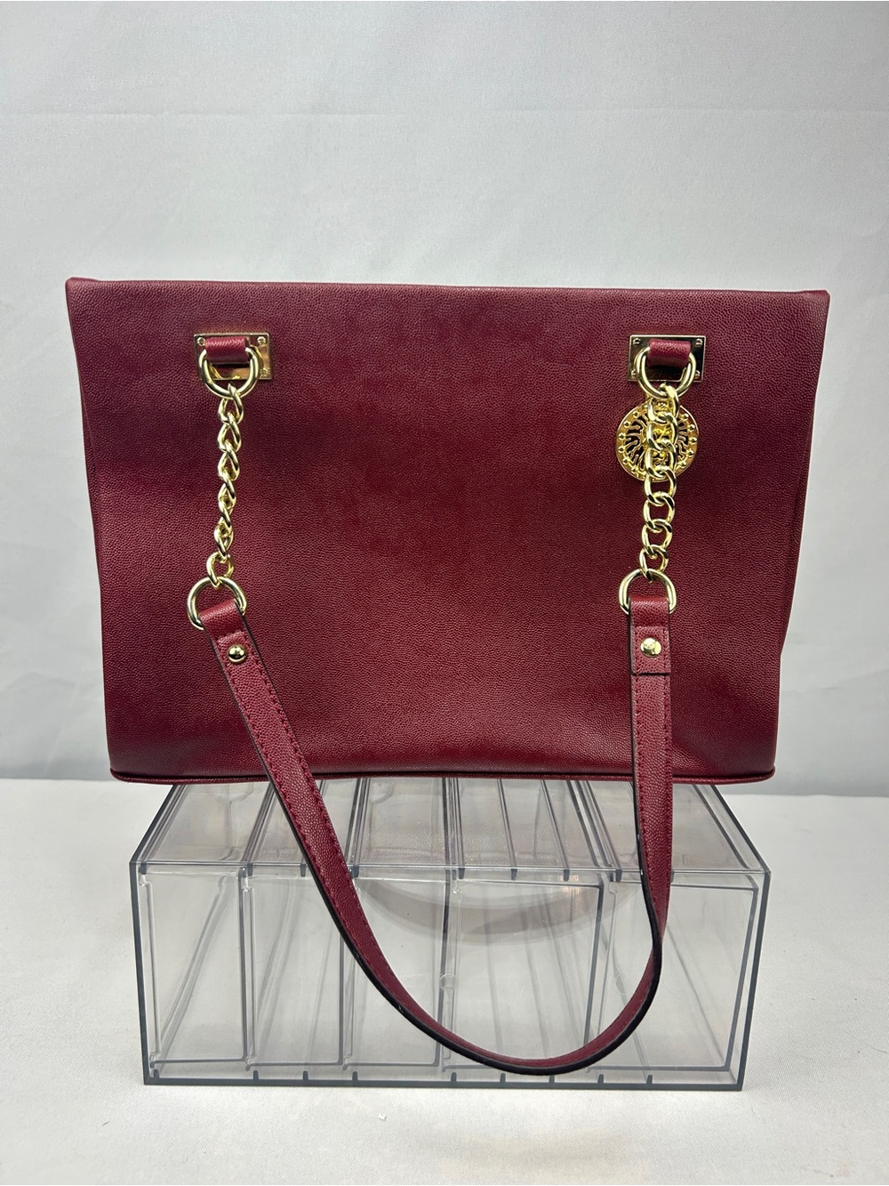 Anne Klein Burgundy Shoulder Tote with Gold Chain Medallion
